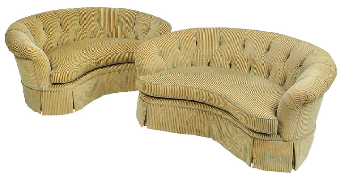 Pair Striped Velvet Tufted Upholstered Settees: modern, each with metal plaque "Lee Jofa", each with tufted back and loose cushion set in fine striped upholstery, 33 x 72 x 44 in.