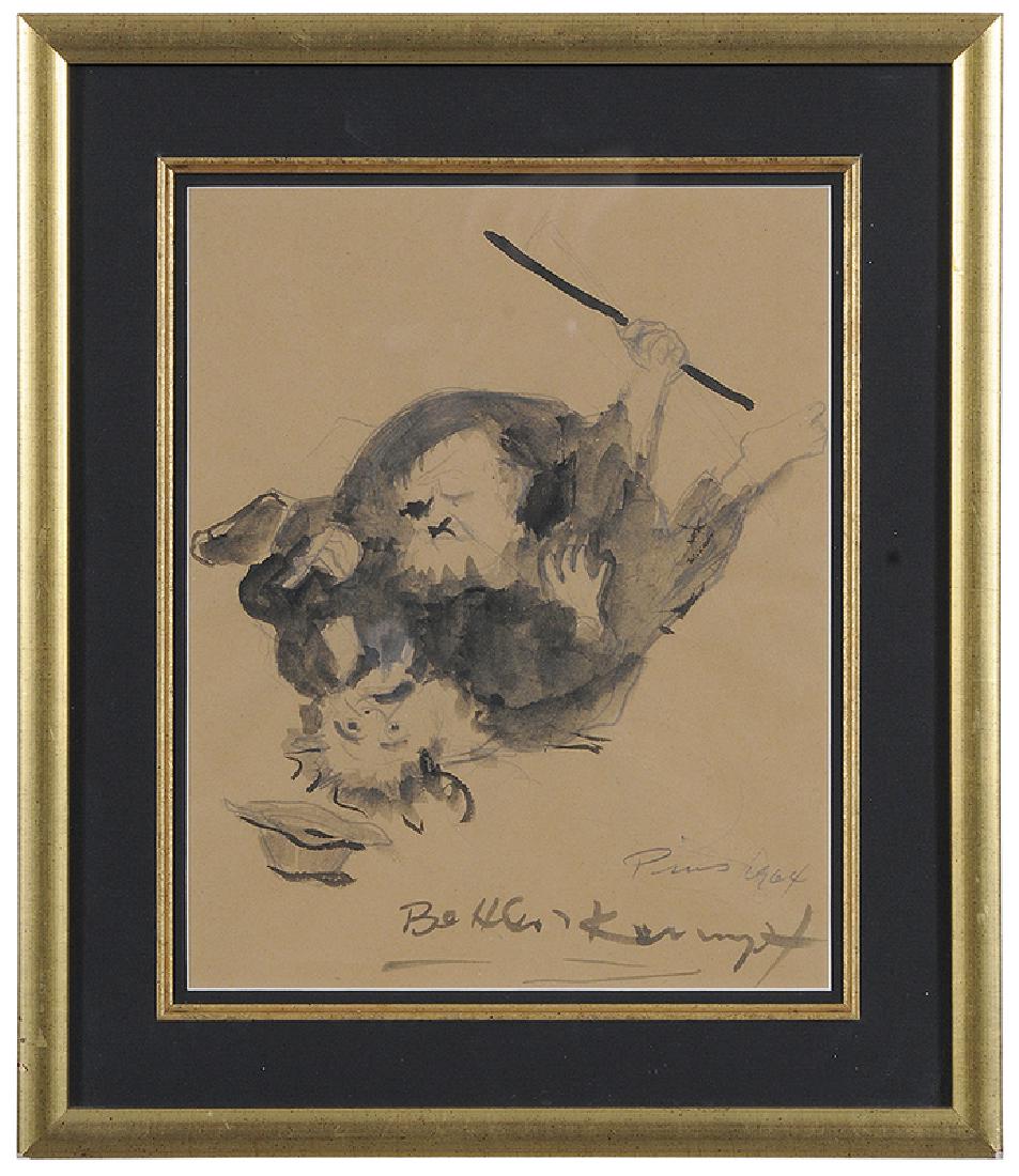 Jacob Pins: (Israeli, 1917-2005) Study for The Beggars, signed lower right "Pins, 1964" and inscribed, pen and ink, ink wash over pencil on brown paper, 12-1/4 x 9-5/8 in. (sight); gilt wood frame, 17-3/8 x 14-3/