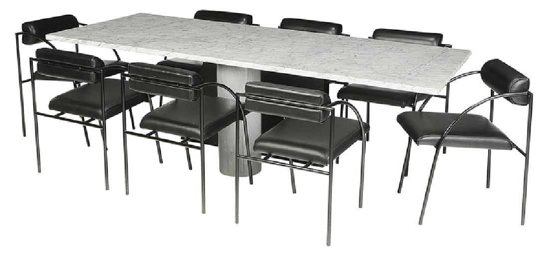 Fine Contemporary Marble Dining Table, Chairs: single slab white marble top with one natural edge on marble column and black painted composition pedestal support, 28-1/2 x 98 x 35-1/2 in., [excellent condition overall, one area of roughness to mar