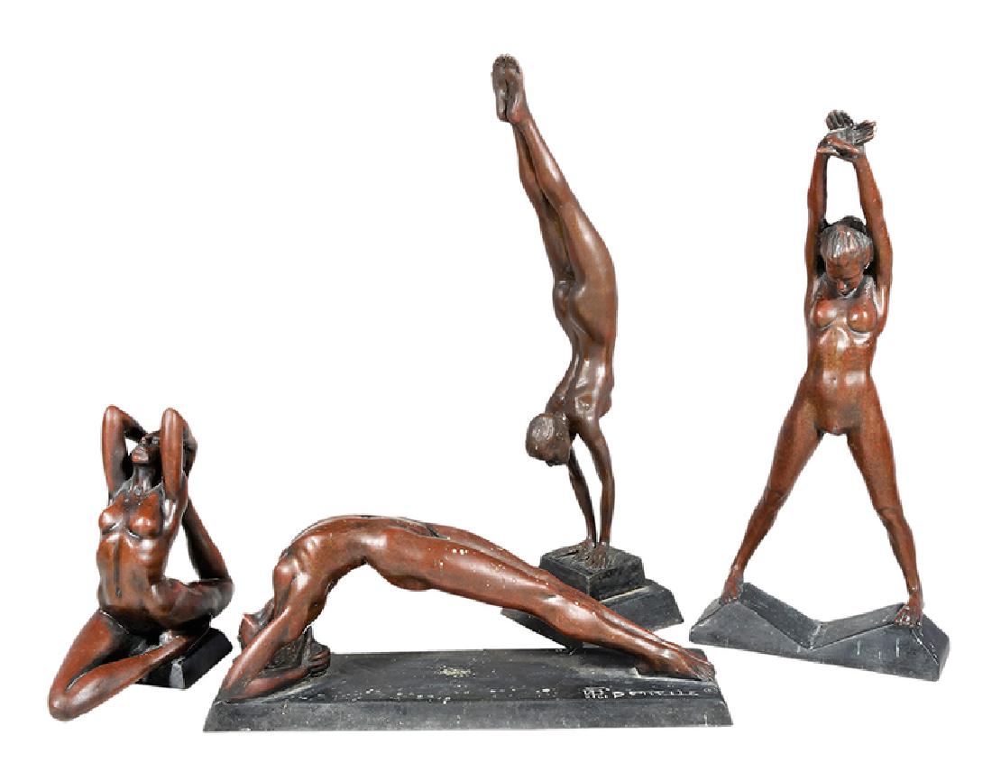 Kevin Pettelle: (Washington, born 1956) Four nude maquettes (yoga positions): Three Peaks, edition 4/50, 6-1/2 in., Bridge 2, edition 5/50, Exaltation, edition 7/50, 13 in., 4-1/2 in., Handstand 2, edition 18/50, 14-