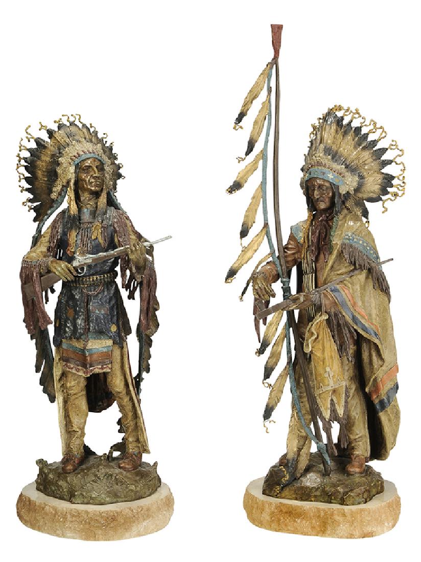 After Carl Kauba: (Austrian, 1865-1922) War & Peace, a pair, inscribed on bases "C. Kauba", 20th century after-casts, patinated and polychromed bronze with sto