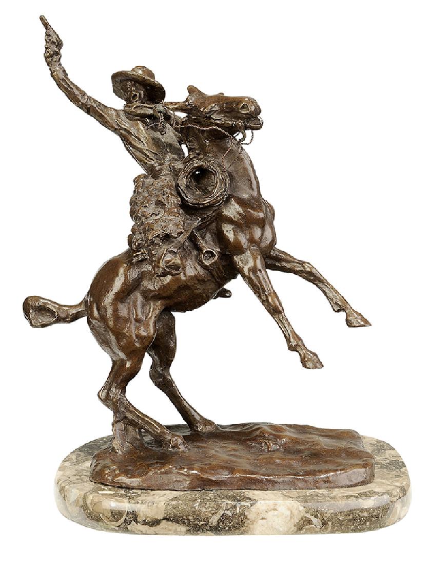 After Charles Marion Russell: (American, 1864-1926) Smoking Up, bearing obscured signature "C.M. Russell", patinated bronze aftercast, with marble base