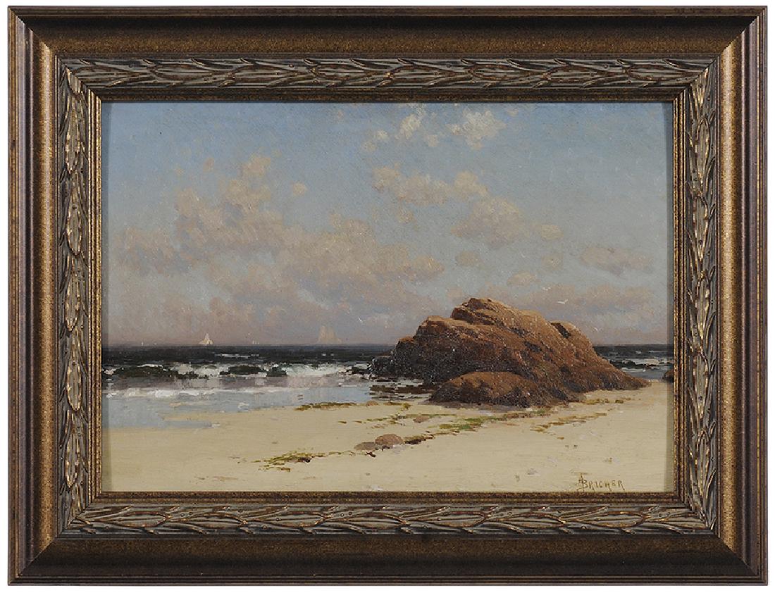 Alfred Thompson Bricher: (New York, 1837-1908) View of the Coast, possibly Narragansett, signed lower right "AT Bricher", oil on panel, 9-3/8 x 14 in.; modern gilt wood frame 14 x 18 in. Note: together with another early 2