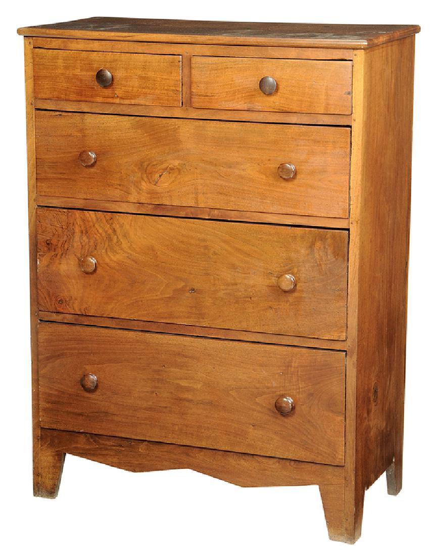 Southern Federal Five Drawer Chest: possibly Western North Carolina, 19th century, walnut with yellow pine secondary, top with through tenon construction, dovetailed construction, cut feet and skirt, 49-1/2 x 36-1/2 x 18 in.