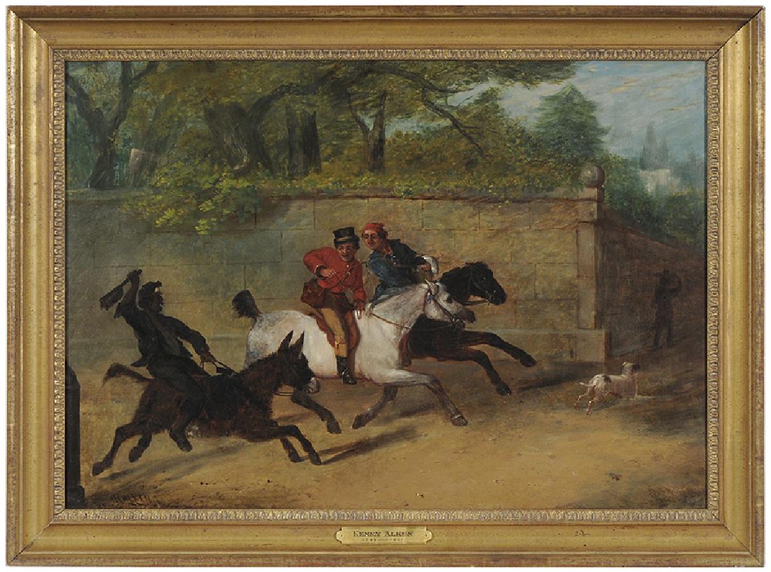 Manner of Samuel Henry Alken: (British, 1810-1894) The Street Race, bearing signature lower left "H. Alken", oil on canvas, 22-1/8 x 31 in.; gilt wood frame, 26-5/8 x 35-3/4 in.
