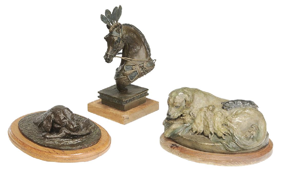 American School: (20th century) Three figural sculptures: Dog with Puppies, 1988, edition 1/12, signed with monogram "KH" within circle, wood base, 5 in.; Arabian Horse Head, edition 2/10, 1987, signed "Leslie E. Span