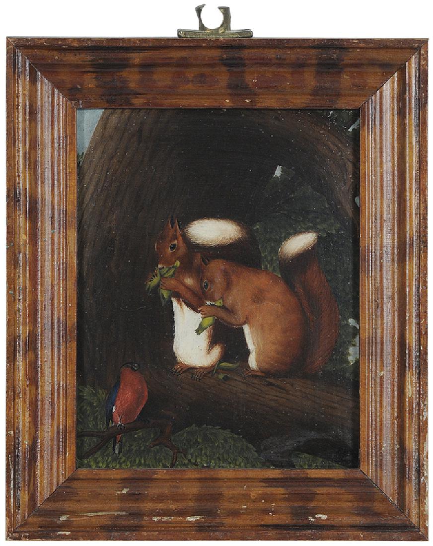 British or American School: (19th century) Squirrels and a Blue Bird, signed lower right and verso "F.D.M./1866", oil on artist board, 8-1/8 x 6-5/8 in.; faux tortoise painted wood frame, 10-5/8 x 8-7/8 in.