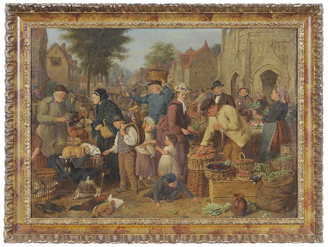 British School: (19th century) Market Day, unsigned, oil on canvas, 21-1/2 x 30 in.; carved, painted and gilt wood frame, 26-1/4 x 34-3/4 in.