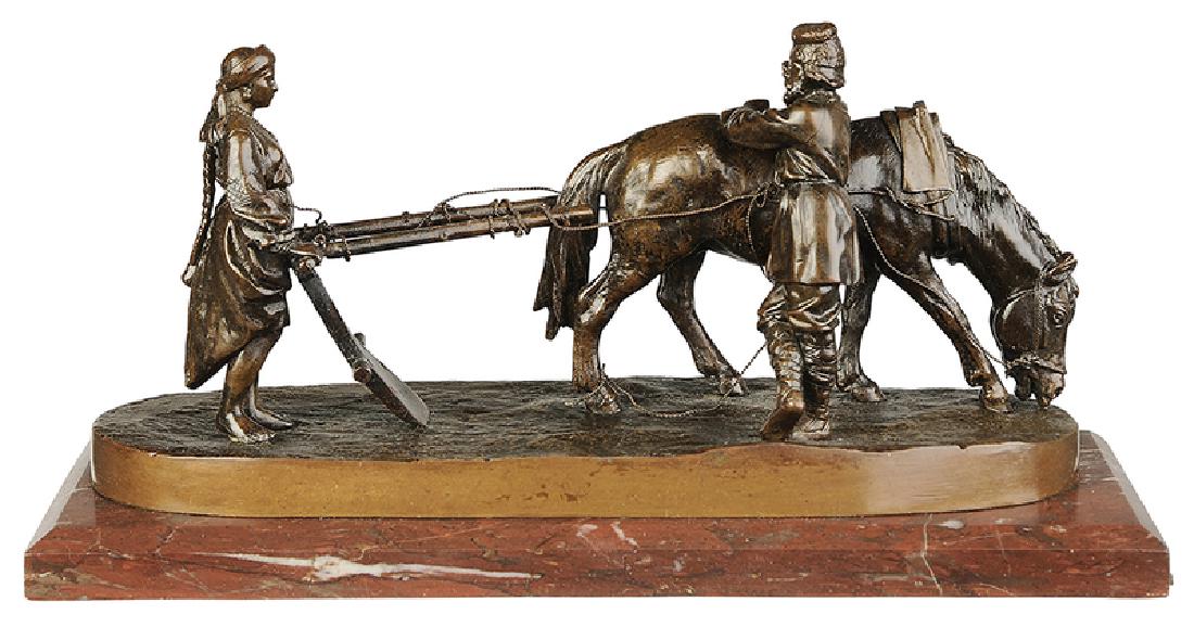 Albert Moritz Wolff: (Russian Federation/German, 1854-1923) Couple Resting with Plow, signed in naturalistic base "Moritz Wolff/1894", cast mark for H. Gladenbeck & Sohn, Berlin, foundry, patinated bronze with orange ma