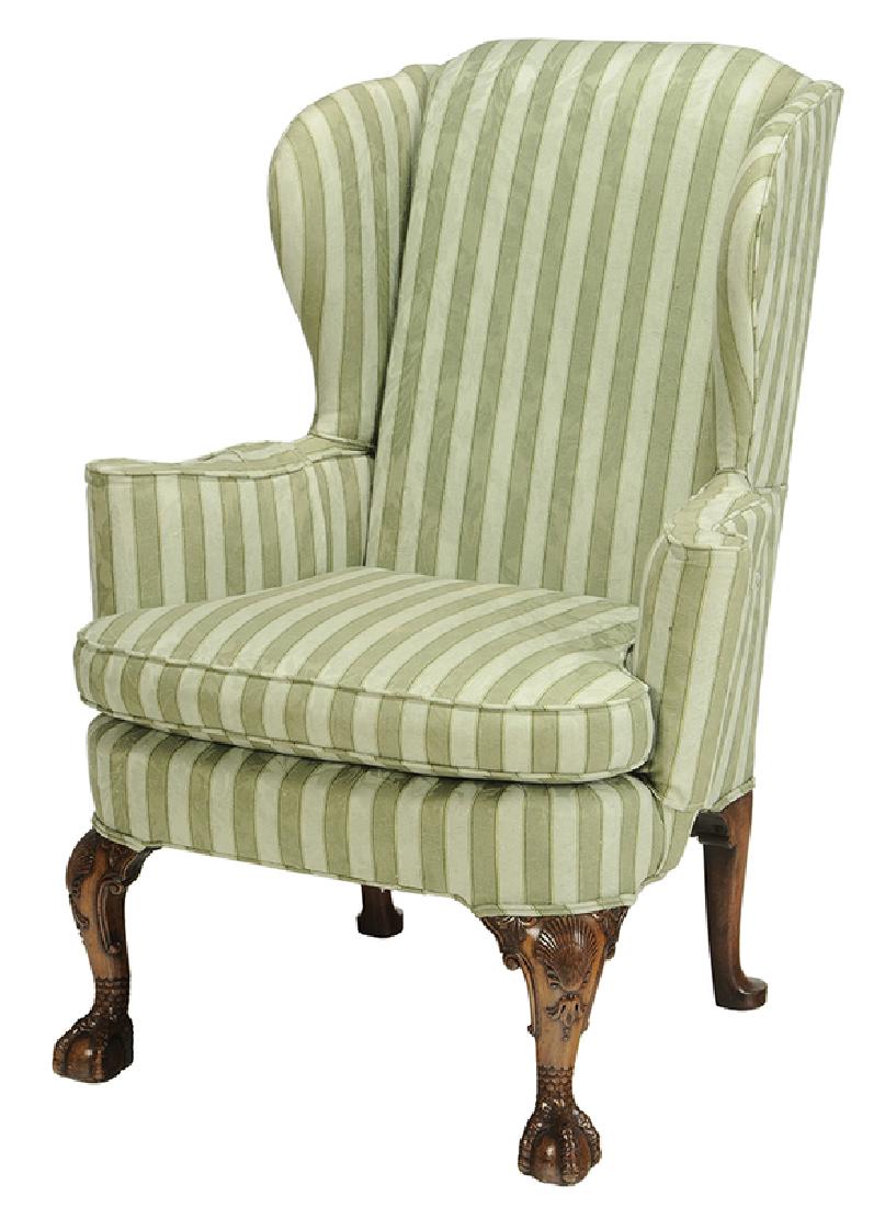American Queen Anne Mahogany Easy Chair: coastal Massachusetts, 18th century, orange damask upholstery, on pad feet and stretcher base, 45-3/4 x 36-1/2 x 26 in.