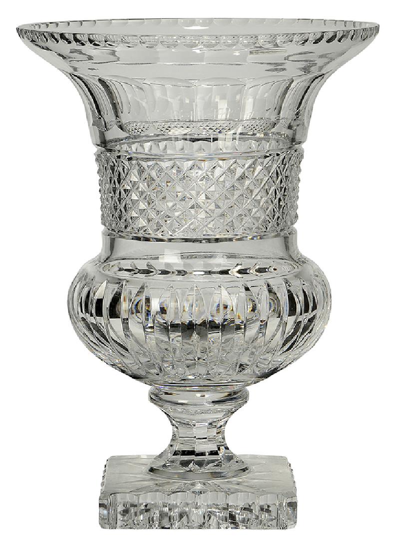 Monumental William Yeoward Cut Glass Urn: British, 20th century, campagna form cut crystal vase with signature of "William Yeoward", 18 x 13 in.