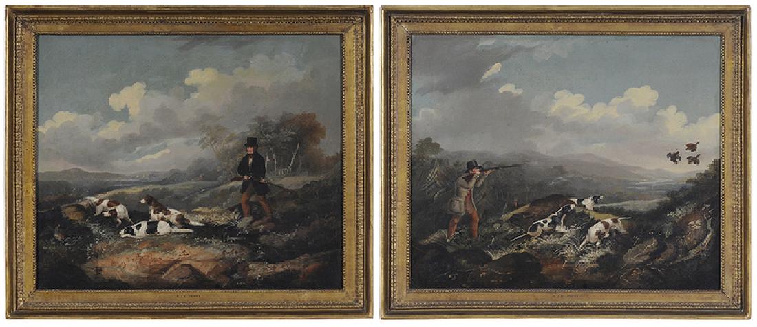 Follower of Samuel John Egbert Jones: (British, 1797-1861) A Pair of Partridge Shooting Scenes: On Point, Flushing Out, unsigned, oil on canvas, 20-1/8 x 24 in.; matching gilt wood and composition frames, 23-3/4 x