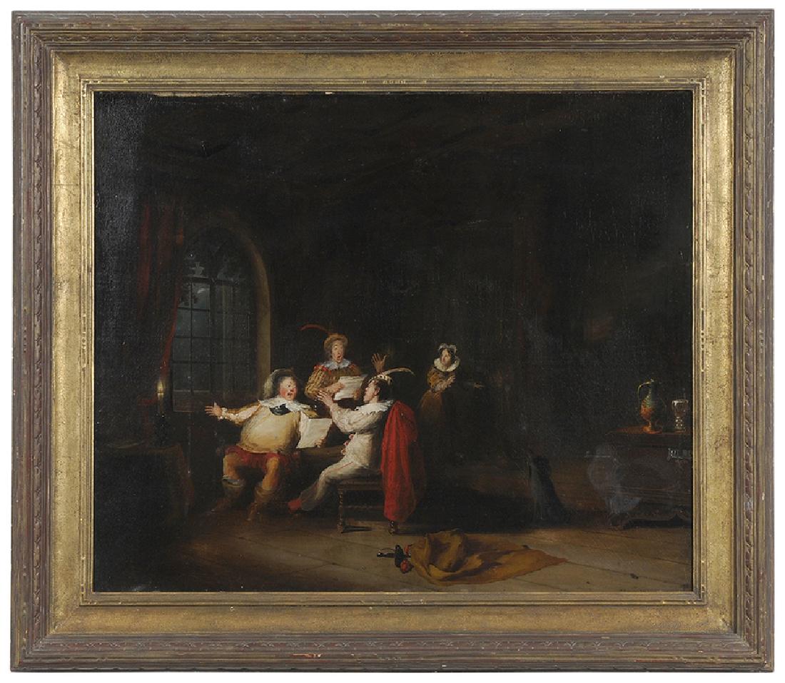 British School: (19th century) The Rehearsal, signed indistinctly lower right on chest "Cauze" or "Carye"oil on canvas, 25 x 30 in.; early 20th century frame, 32-5/8 x 37-5/8 in.