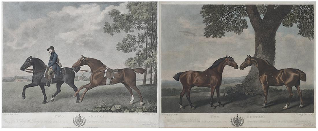 After George Stubbs: (British, 1724-1806) Two sporting prints: Two Hacks, 15-3/4 x 19-3/4 in.(sheet) and Two Hunters, 15-1/8 x 19-1/4 (sight), 1792, George Stubbs, publisher, G. Townly Stubbs, engraver, hand-colored mezzo