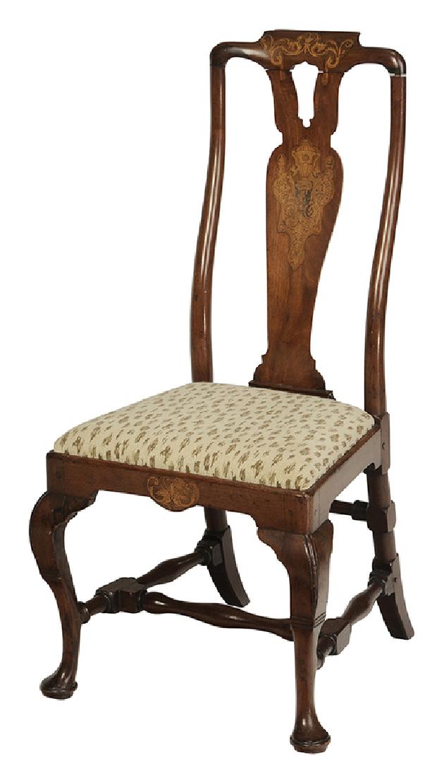 Queen Anne Marquetry Inlaid Walnut Side Chair: British, early 18th century, crest, skirt and splat with marquetry inlay, set on cabriole legs, 41-1/2 in.