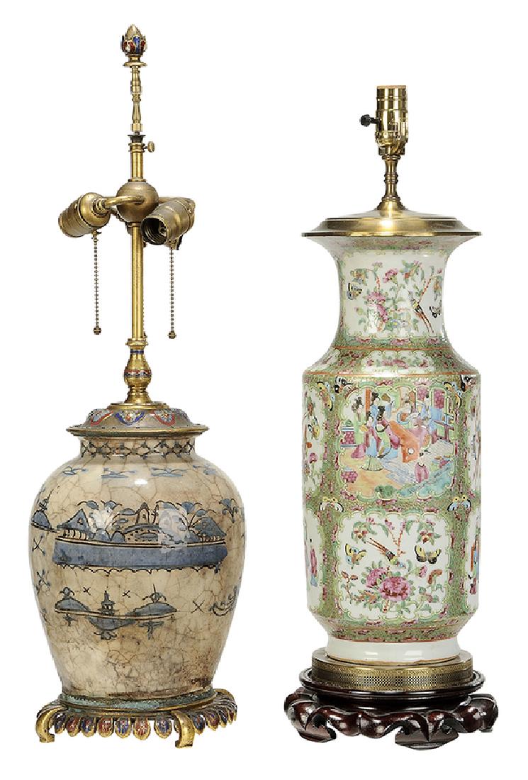Two Chinese Porcelain Table Lamps: 19th/20th century, rose mandarin vase converted to lamp, panels of interior scenes with courtly persons, decorated with trailing vines, birds and bats, 26 in. to socket; ginger jar with underglaze blu