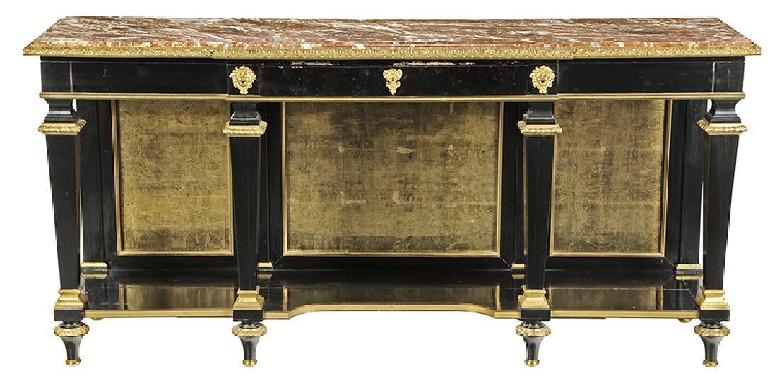 Louis XVI Ebonized Gilt Bronze Console Desserte: French, back with stamped signature "JOSEPH", top set with red and white veined marble, breakfront form, single frieze drawer flanked by mask mounts, dovetailed construction with oak linings, back set