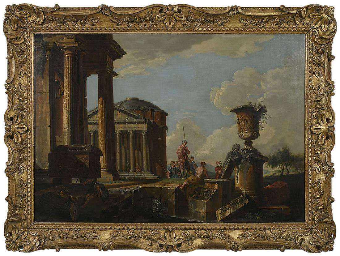 Manner of Giovanni Paolo Pannini: (Italian, 1691-1765) Roman Ruins with Classical Figures, unsigned, 19th/20th century, oil on canvas, 29-1/2 x 43 in; gilt wood frame, 37-1/2 x 50 in.