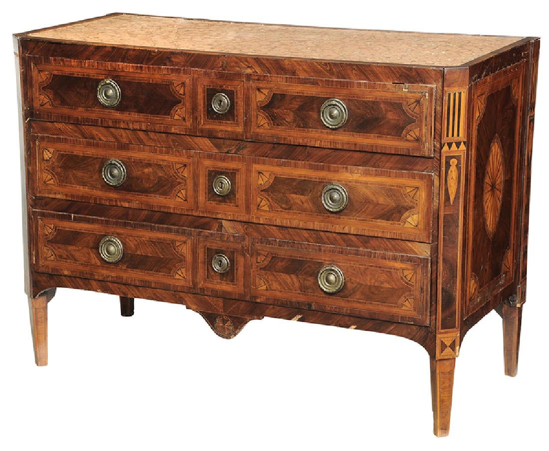Italian Neoclassical Parquetry Inlaid Commode: Continental, circa 1800, top with inset Rosso Antico marble panel over three inlaid dovetailed long drawers, quarter fan inlay, fan and quarter fan inlaid case sides, highly figured bookmatched wal