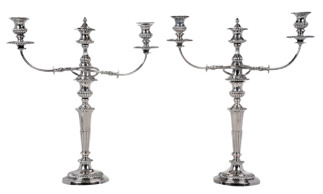 Pair Silver-Plated Two Arm Candelabra: probably English, late 19th century, tapering reeded column, gadroon borders, scroll arms, unmarked, 21 x 17-1/2 in.