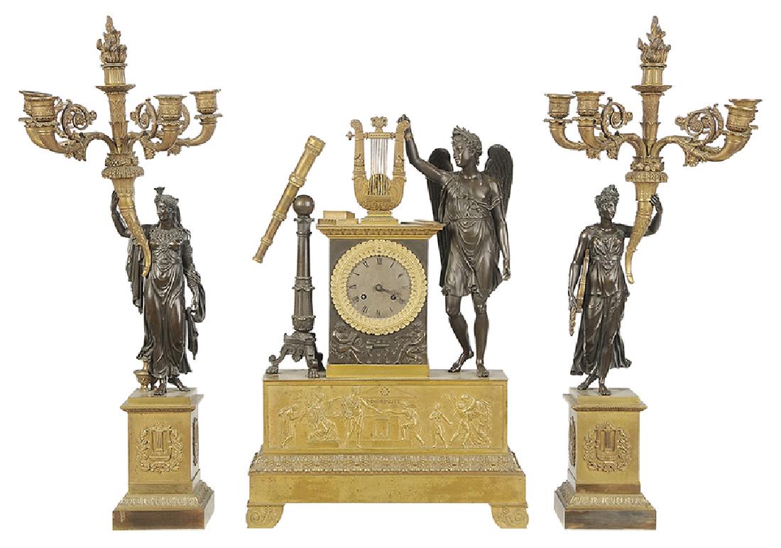 Empire Gilt Bronze Clock Garniture Set: French, 19th century, gilt and patinated clock with stepped base, acanthus leaf decoration, a male robed figure with a lyre, books and telescope, gilt clock face with Roman numeral c