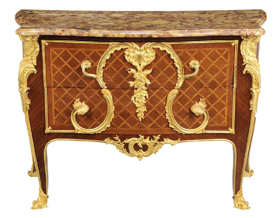 Louis XV Style Parquetry Inlaid Commode: French, late 19th century, top stamped "DS 974", with molded variegated marble top, two parquetry long drawers, fine ormolu mounts overall, 36-3/4 x 51-1/2 x 22-3/4 in.