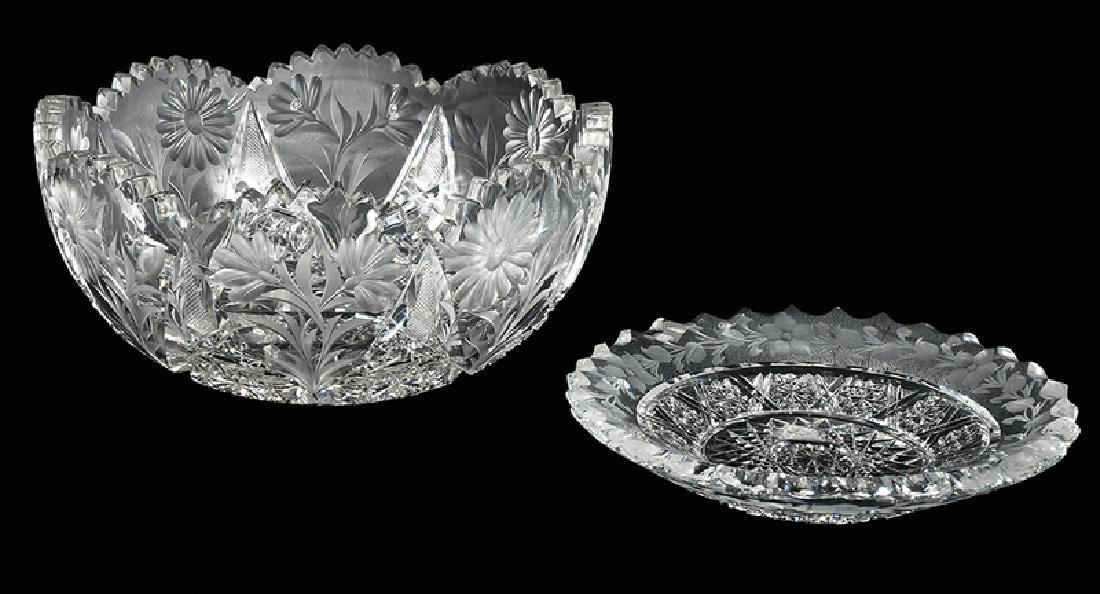 Tuthill Brilliant Period Cut Glass Bowl/Plate: bowl, Cosmos pattern, marked Tuthill, 3-3/4 x 8 in., minute chips to rim teeth and body, scratches to bottom and sides; lemon dish, Rosacea pattern, 6 in., pinpoint nicks, scratches and abrasions to b