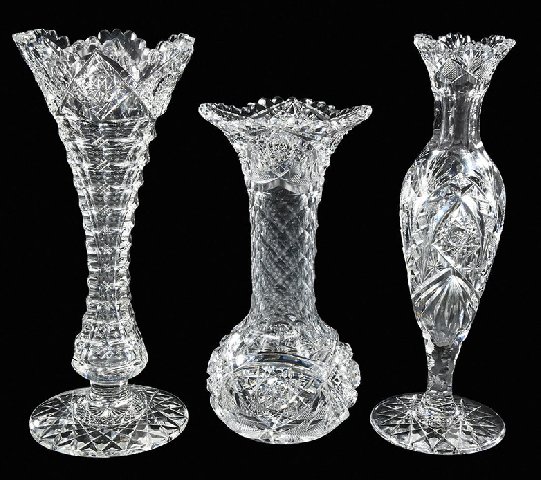Brilliant Period Cut Glass Vases: one attributed to Pitkin & Brooks, 12 in., light abrasion to bottom, white residue to interior; one marked Egginton, 9-7/8 in., minute chips to bottom, one area with flake, white residue to interior b