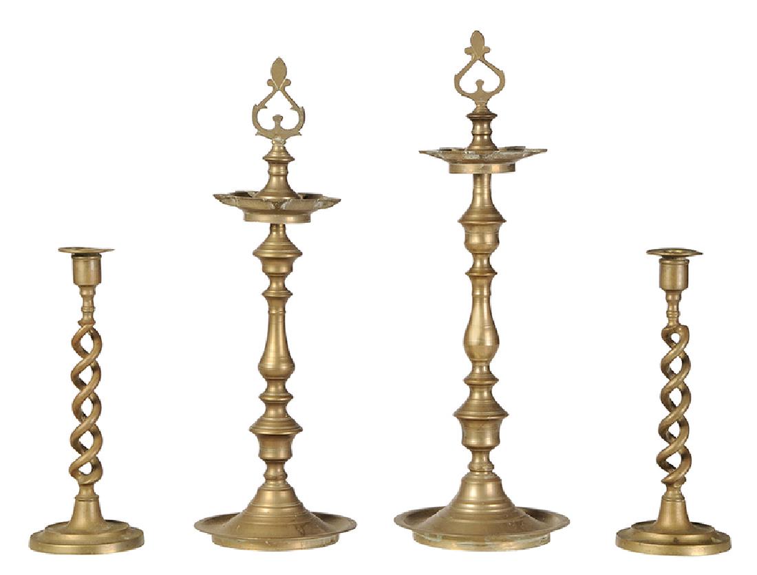 Four Indian Brass Candlesticks/Oil Lamps (1 of 6)