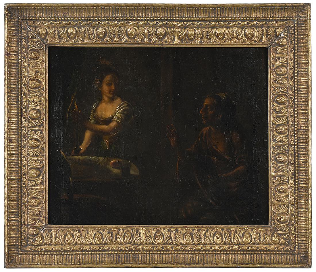 German School: (17th century) Woman with Maid in a Candlelit Interior, unsigned, oil on canvas, 15-3/8 x 18-5/8 in.; modern gilt wood frame, 21-5/8 x 25 in.