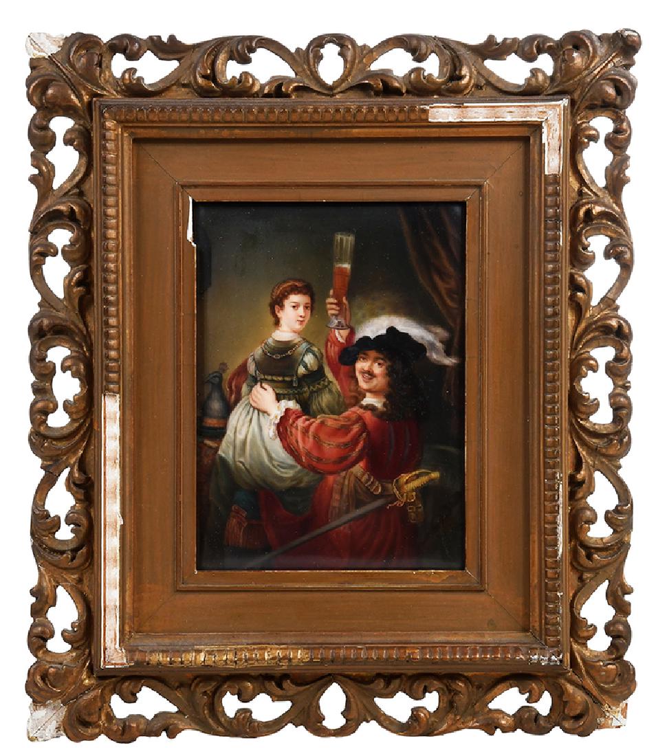 Painted Porcelain Plaque by Henry Bucker: German, late 19th century, probably KPM (mark possibly obscured by label), tavern scene with musketeer and maiden, impressed mark "K104" and paper label for "Henry Bucker, Painter on China, 5 Pragerst