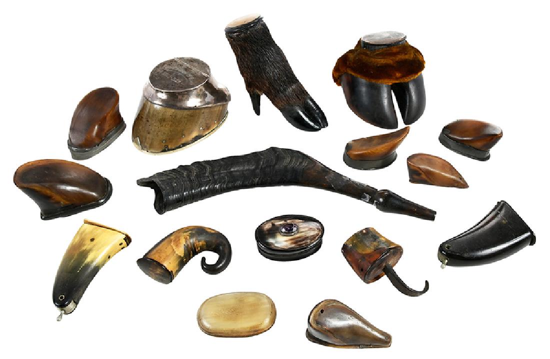 16 Mounted Hoof and Horn Items: British, 19th century, silver mounted horse hoof with hinged lid, engraved "Floss-Age-21 Years/1892-1906", marks for Birmingham 1906 and partial makers marks, 3 in., tarnish; fabric mounted hoof with 