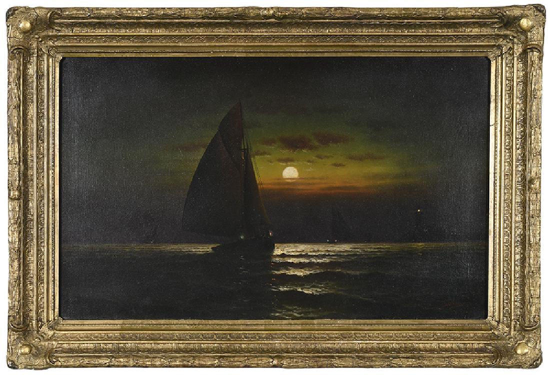 British or American School: (20th century) Moonlit Sail, signed lower right "Dorham 1907", oil on canvas, 22 x 36 in.; original gilt wood and composition frame