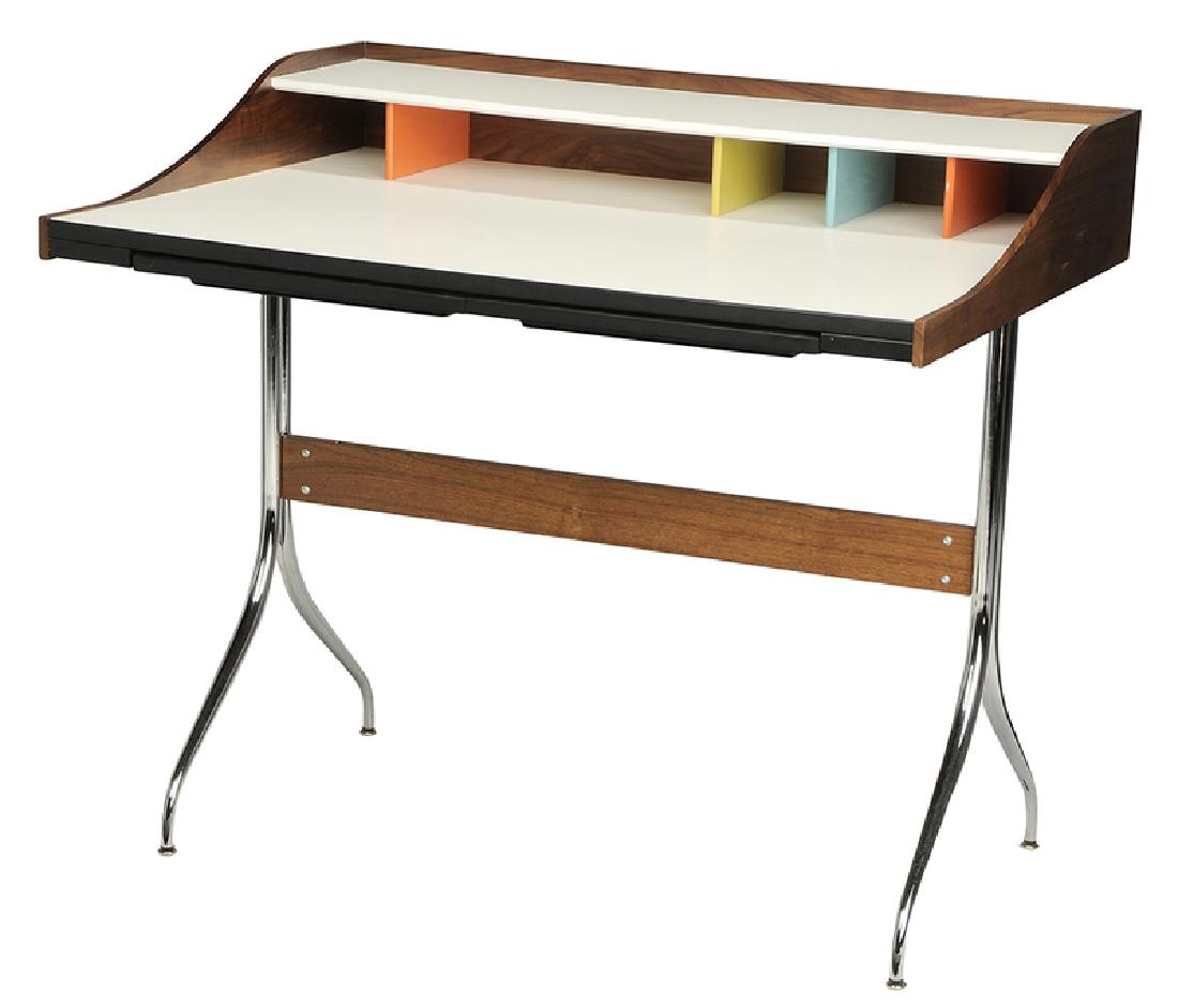 George Nelson/Herman Miller Swag Leg Desk: with two pull-out drawers, white laminate top and polychrome enamel wood cubbies, marked with rectangular metal tag, 34-1/2 x 39 x 28-1/2 in.