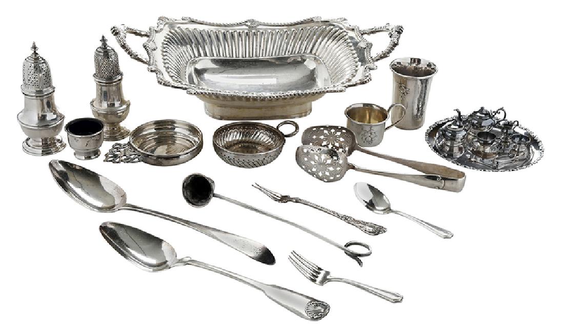 30 Silver Table Items: including early 19th century French silver wine taster; nine pieces sterling miniature tea service; Tiffany Flemish sterling tongs; Tiffany Paris sterling olive fork; three American coin silver spoon