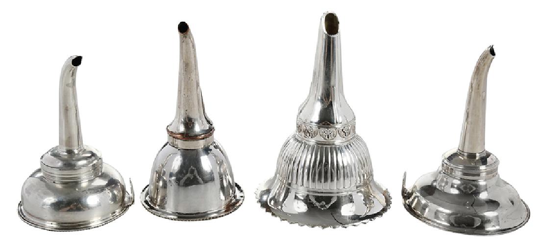 Four Silver Wine Funnels: including English silver, London, 1790, partial makers mark; one marked sterling; one Old Sheffield Plate, [missing hanging tab and small spot of repair]; one silver-plate, 5.51 oz. T. weighable silv