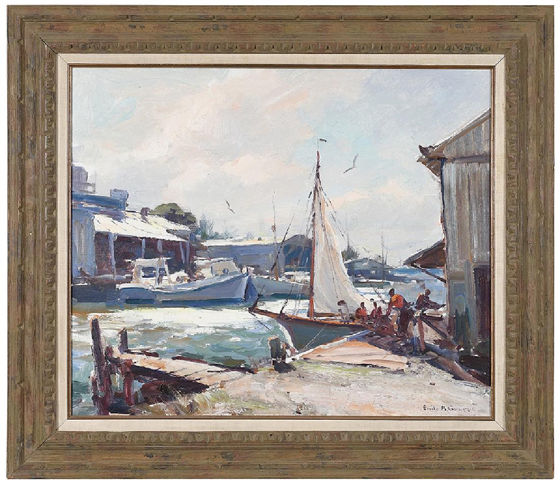 Emile Albert Gruppe: (Florida/Vermont/Massachusetts, 1896-1978) Drying Sails, Fish House, signed lower right "Emile A. Gruppe", titled, numbered "938" verso stretcher, oil on canvas, 25 x 30 in.; modern drift wood style