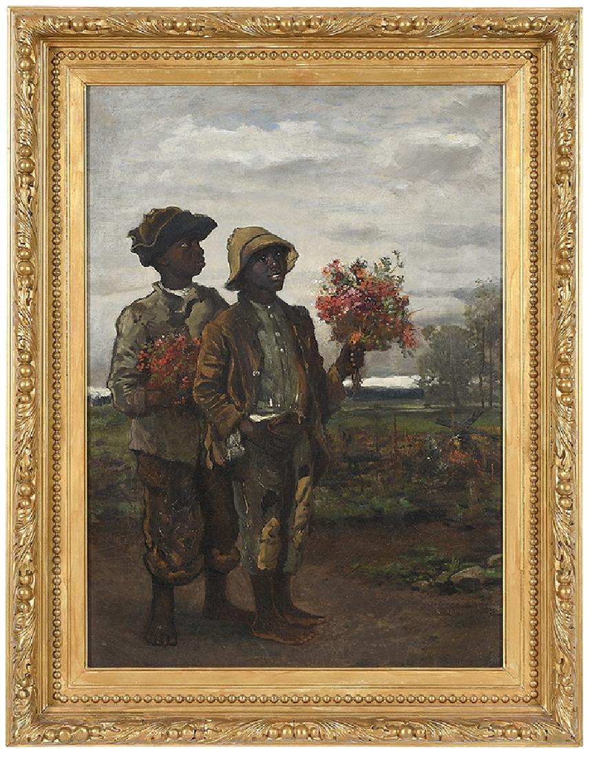 James Henry Moser: (Georgia, 1853-1913) Gentleman Callers, signed lower right "J H Moser 1885", oil on canvas, 26-1/4 x 18-3/4 in; gilt composition frame 32-1/4 x 24-3/4
