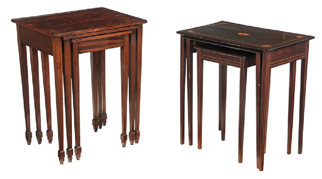 Two Sets of George III-Style Nesting Tables: 20th century, both with inlaid mahogany: one set with spade feet, good condition overall, cracks and repairs at tops of two legs, other surface flaws (set not inlaid); second set with inlaid, tapered