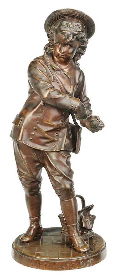 Eutrope Bouret: (French, 1833-1906) Boy with Picnic Basket, signed “Bouret” inscribed “Sortie de L’Ecole”, patinated bronze, 13 in. 