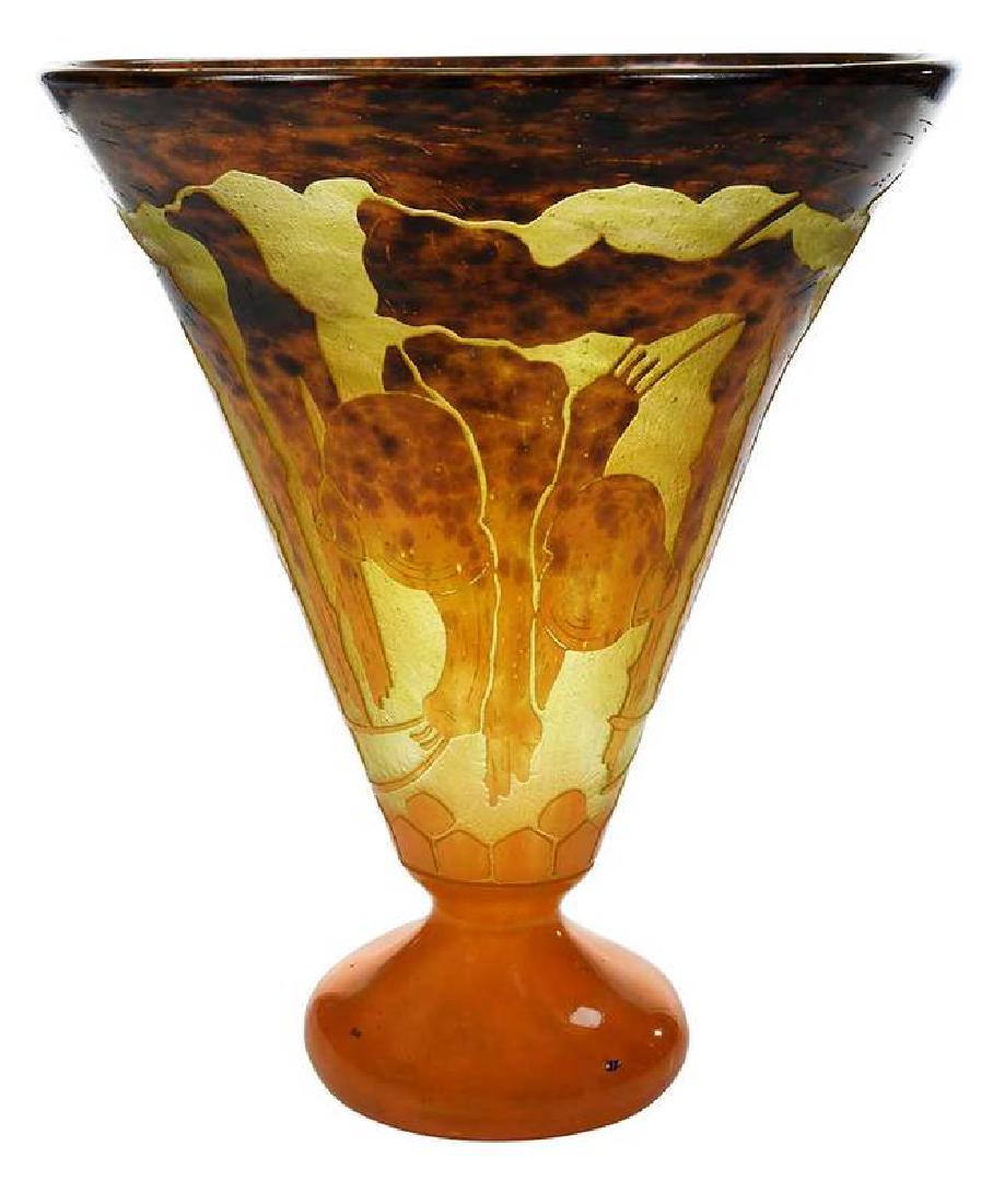 Cameo Glass Vase With Snail Motif: Czech, early 20th century, rounded base with tall flaring sides, carved decoration with snails, unsigned, 11 in.