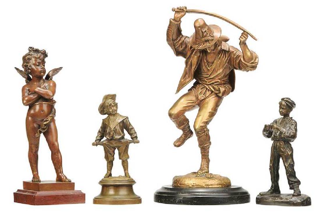 Four Continental Bronzes: (19th/20th century) Dancing Farmer with Sickle, unsigned, gilt bronze, with base 12-1/4 in.; Cupid, signed "Bouret" (Eutrope Bouret, 1833-1906), with base 9-3/4 in.; Boy with Empty Pockets, signed "Gr