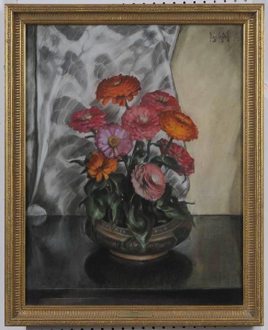 Mabel Lislie Ducasse: (Rhode Island/Washington/Colorado, 1895-1976) Zinnias in a Florentine Bowl, 1928, signed upper right "Lisle Ducasse/1928", pastel on board, 27-1/2 x 21-3/4 in.; modern gilt wood and composition frame,