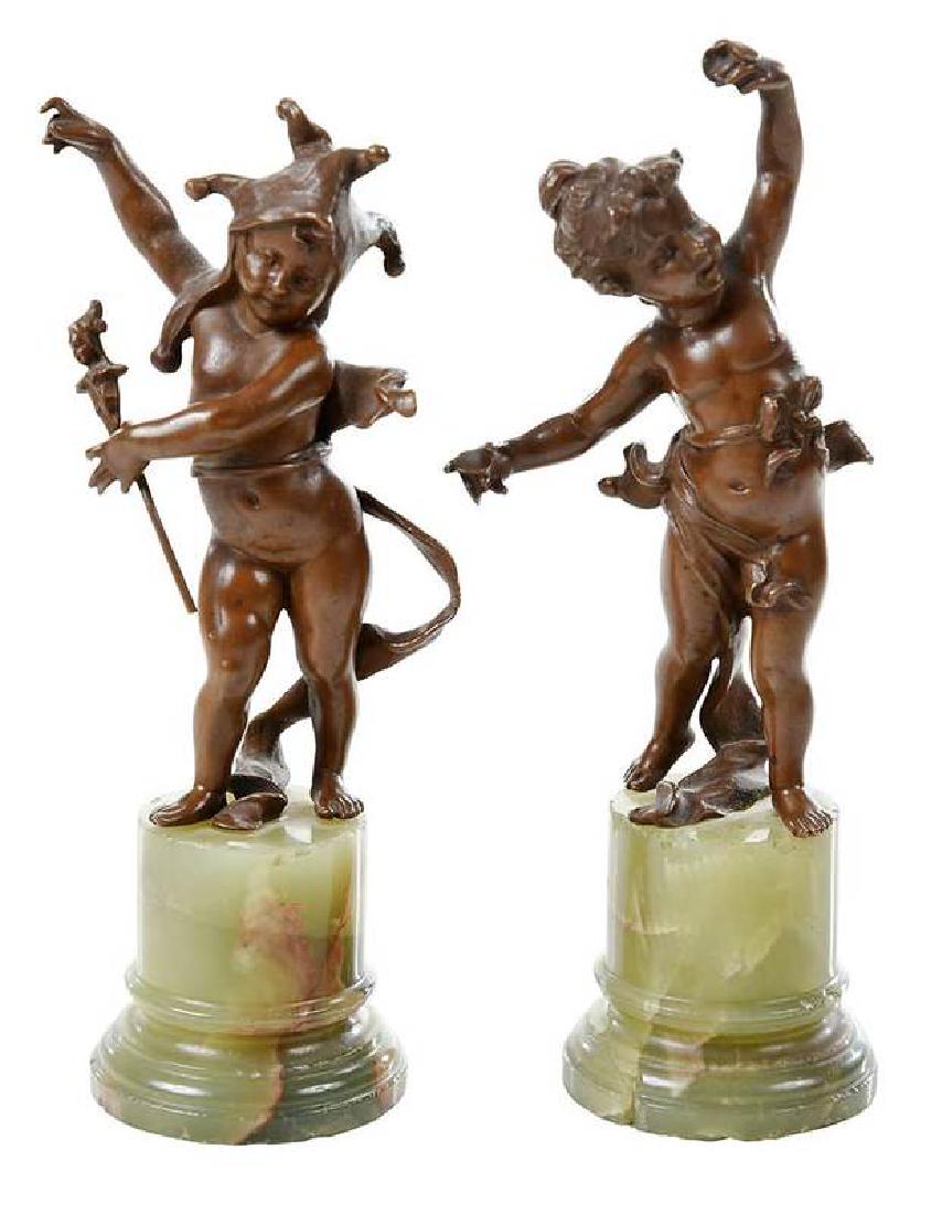 Pair Patinated Bronze Putti Figures, Onyx Bases (1 of 7)