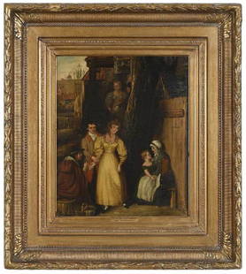 Attributed to William Mulready: (British, 1786-1863) The Fortune Teller, unsigned, oil on canvas, 18-7/8 x 15-7/8 in.; 19th century gilt wood and composition frame, Thomas Agnew & Sons label; 29-1/2 x 26-3/8 in. 