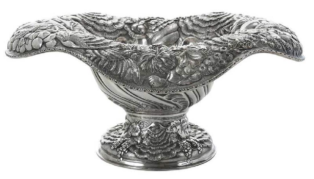 Tiffany Sterling Footed Bowl: American, 1873-1891, oval form, cornucopia, shell and floral decoration, gilt interior, marks for Tiffany & Co., "7035...5495", monograms on base, 33.80 oz. T., 6-1/2 x 13-3/4 x 12-1/4 in.