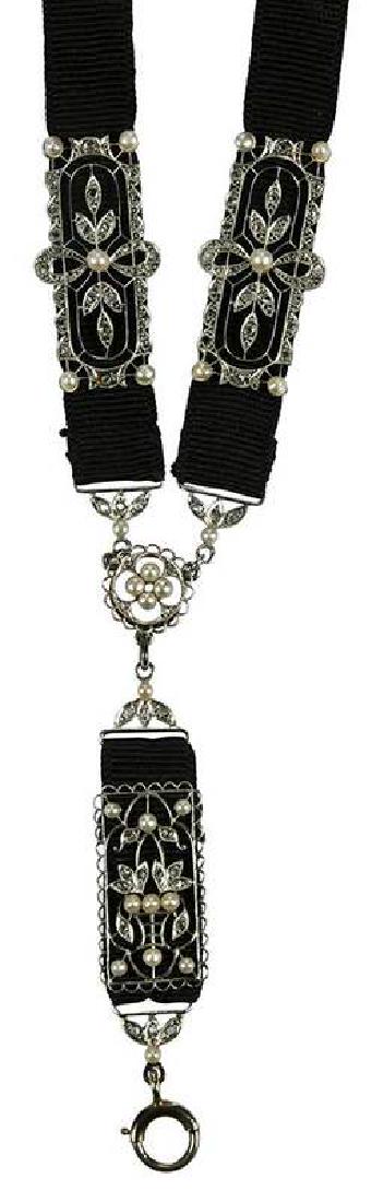 Platinum & Gold Ribbon Watch Chain: Edwardian ribbon watch chain, rose cut diamonds and seed pearls, mountings tested platinum over 18kt. yellow gold, drop measures 3-1/4 in., 26-1/2 in. lg., 12.8 grams