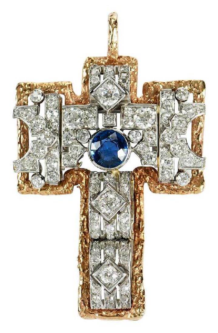 Platinum, 14kt. Cross Pendant: custom made cross, center round faceted lab grown spinel approx. 7mm, approx. 85 old European cut diamonds and single cut diamonds, estimated total weight 2.50 to 3.0cts., stamped with French eagle an