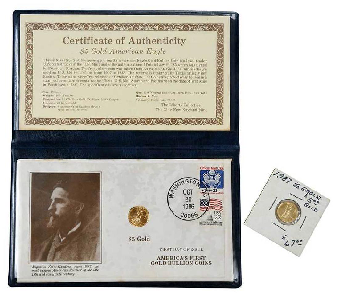 Two Five Dollar Gold Coins: American, 1987 1/10 Eagle $5 gold coin; 1987 1/10 Eagle $5 gold coin mounted with a first day cover stamp dated 1986