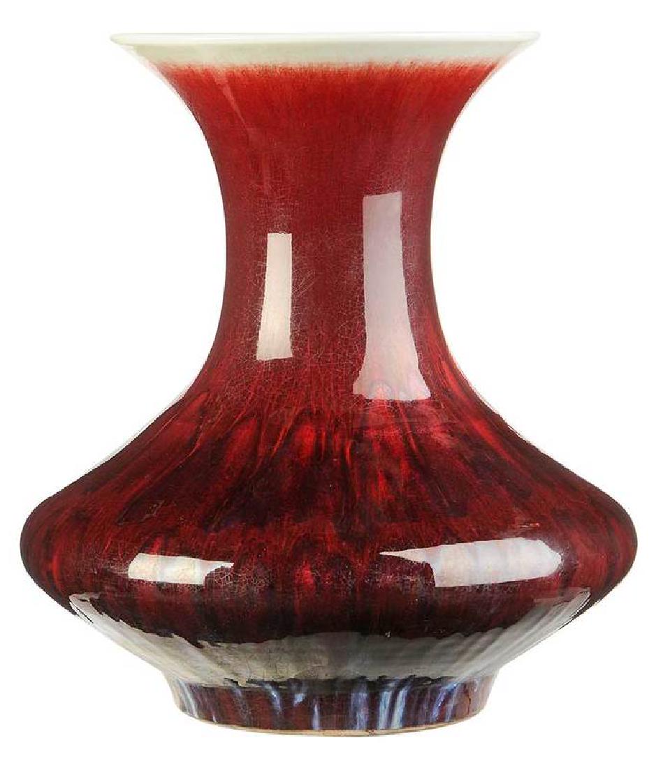 Monumental Sang de Beouf Vase: Chinese, early 20th century, large squat vase with sloping neck and large flared rim, mottled dark red, blue and white glazes on exterior, white glazed interior, raised ring foot, 20 x 18 in.